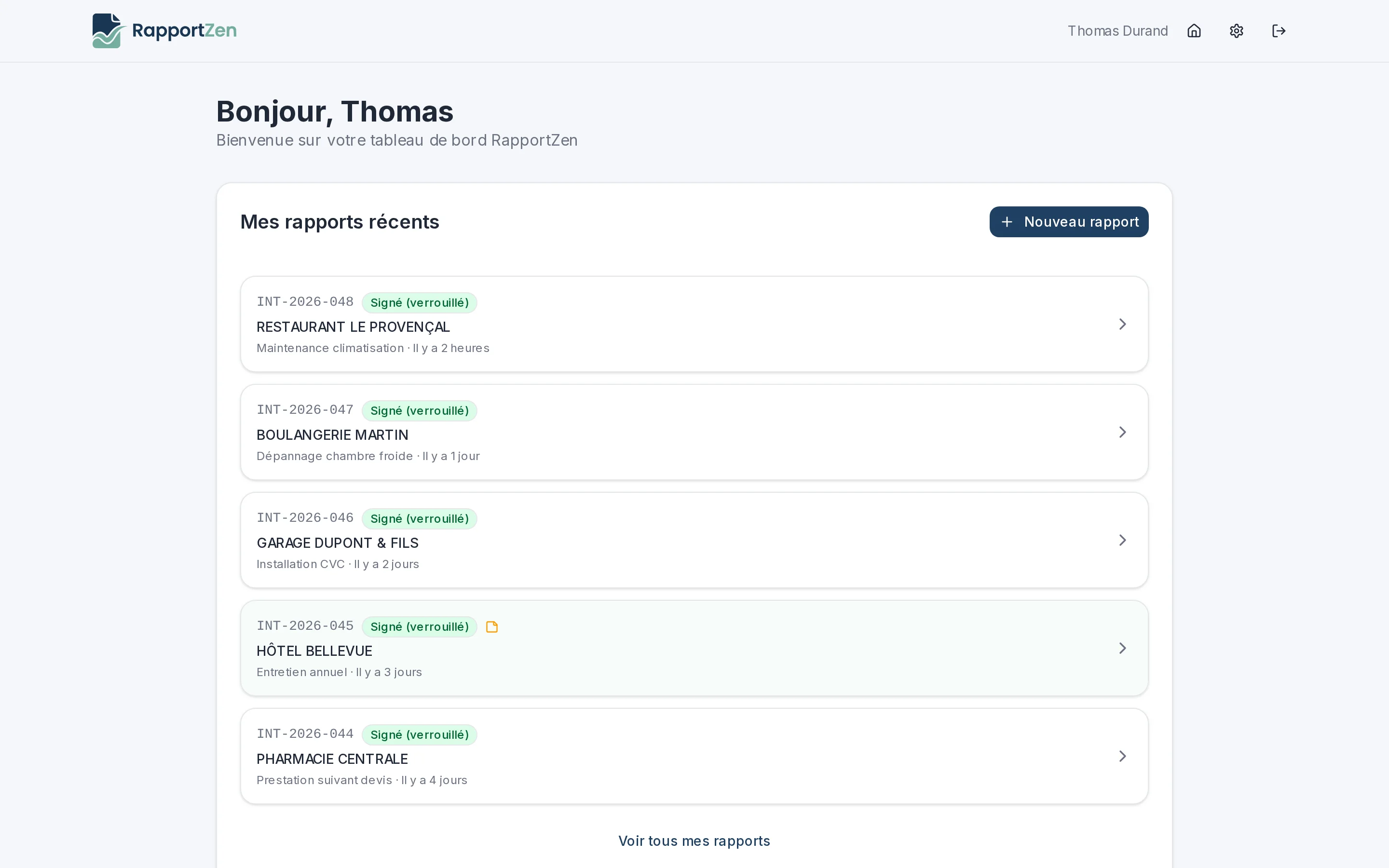 Tableau de bord RapportZen sur desktop