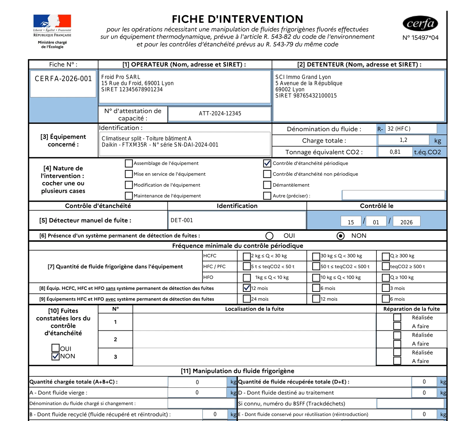 Fiche d'intervention CERFA 15497*04 générée par Rapport Zen : les cadres opérateur, détenteur, numéro d'attestation de capacité, équipement concerné, nature de l'intervention et contrôle d'étanchéité sont déjà remplis.