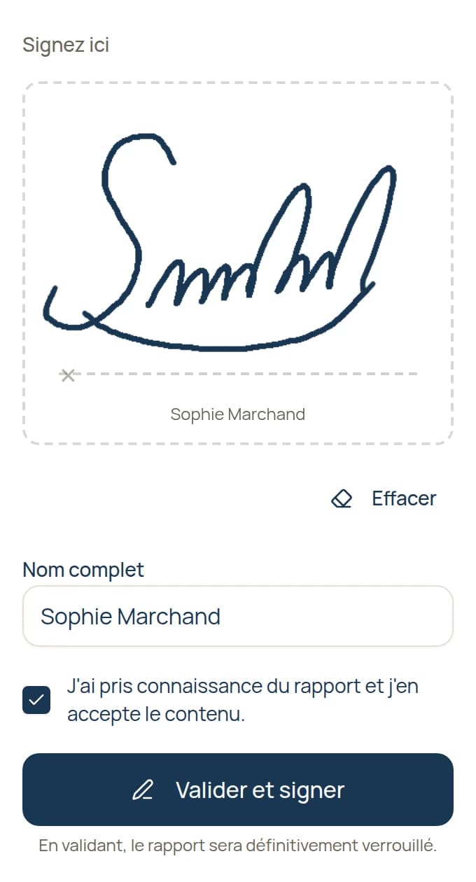 Écran de signature sur téléphone : une signature manuscrite tracée au doigt dans le cadre « Signez ici », le nom complet du signataire, la case « J'ai pris connaissance du rapport et j'en accepte le contenu » cochée, et le bouton « Valider et signer ».