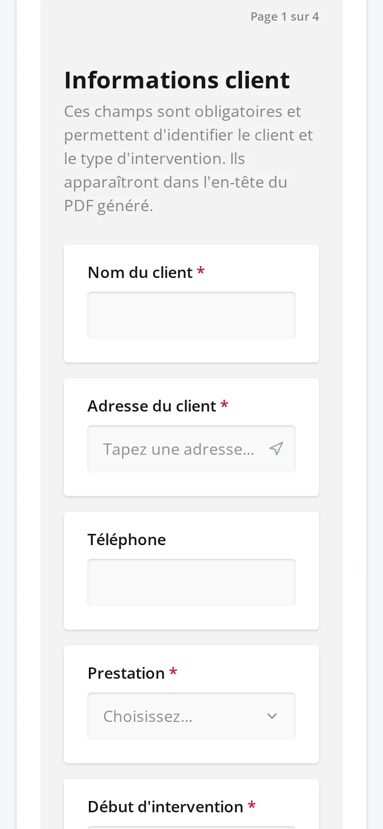 Formulaire d'intervention Rapport Zen sur smartphone