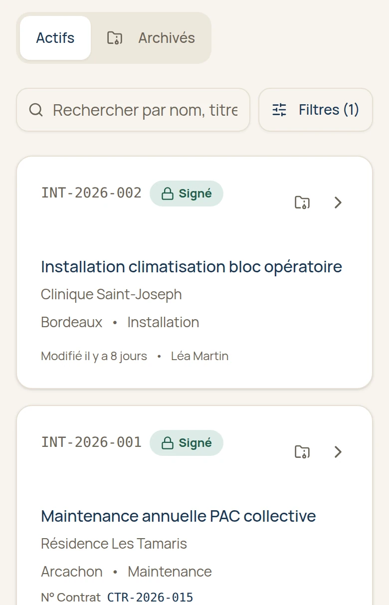 Liste des rapports d'intervention signés sur téléphone : numéro, client, ville et type d'intervention