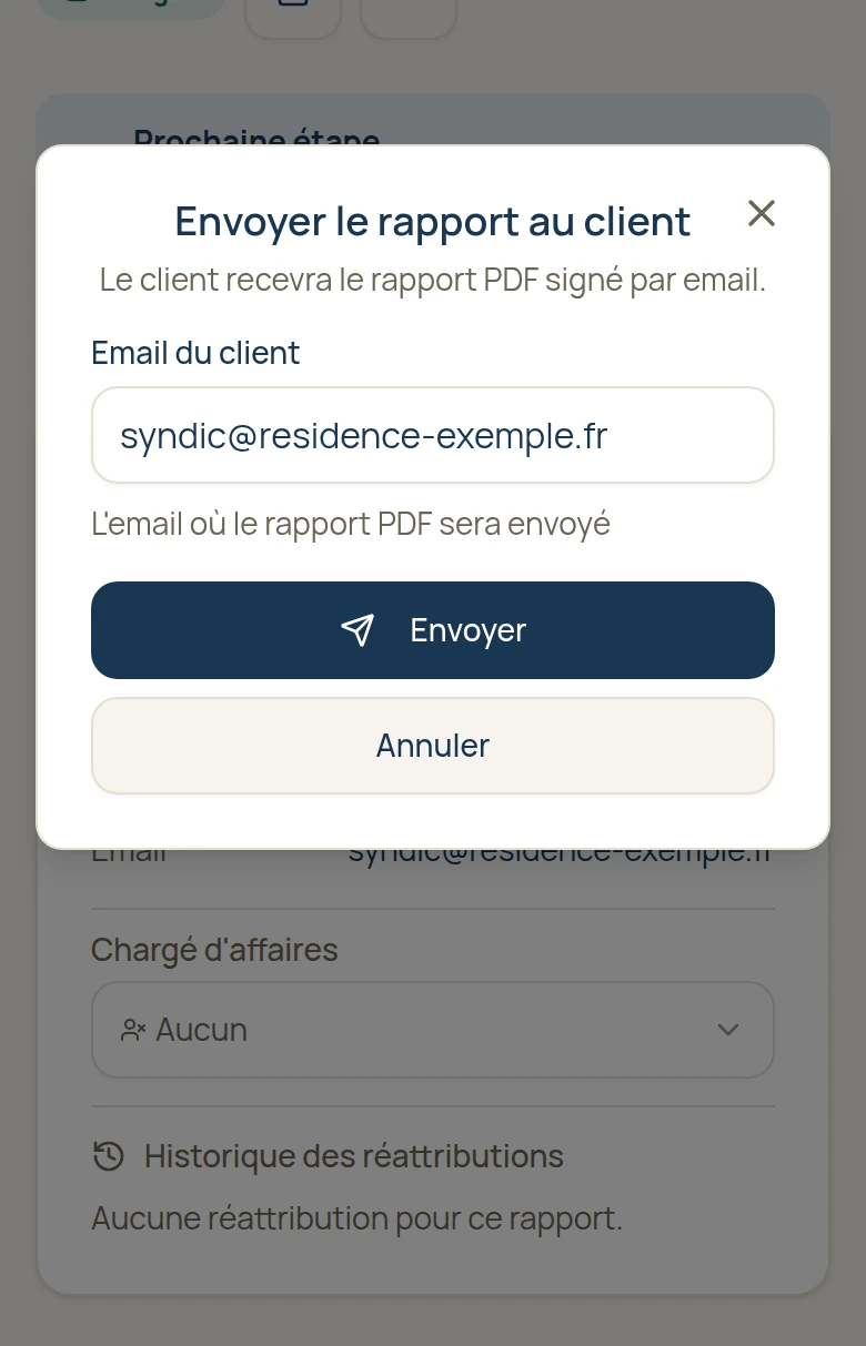 Envoi du rapport d'intervention PDF signé au client par email, depuis le téléphone du technicien