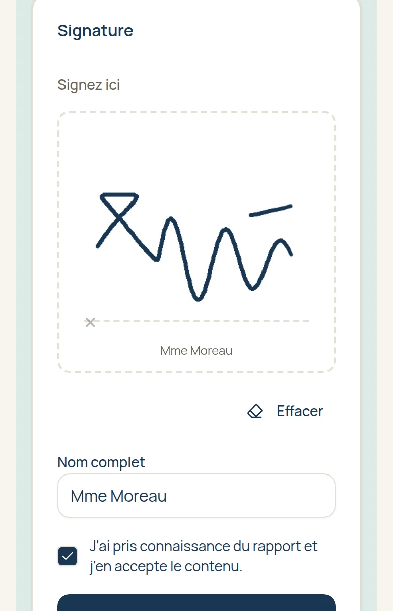 Écran de signature d'un rapport d'intervention sur téléphone : le client signe au doigt dans le cadre « Signez ici »
