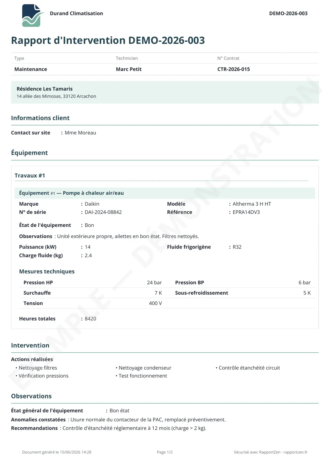 Première page d'un rapport d'intervention PDF généré par Rapport Zen