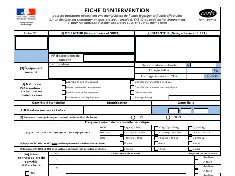 Aperçu du modèle CERFA 15497*04 : fiche d'intervention fluides frigorigènes