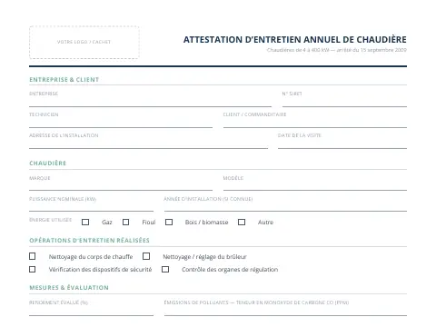 Aperçu du modèle Attestation d'entretien annuel de chaudière